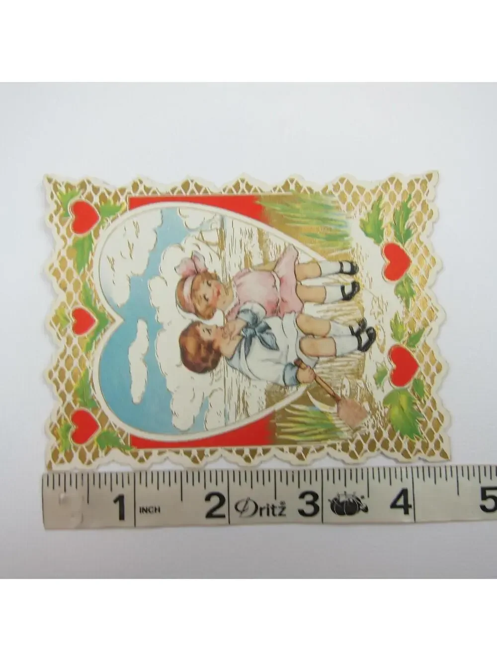 Valentine Card Boy Girl At Beach Sail Boat Gold Embossed Die cut Bifold Antique